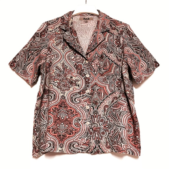 Flax Linen Button Down Shirt Womens SZ Small Paisley Boho Hippie Lagenlook Artsy - Picture 1 of 7